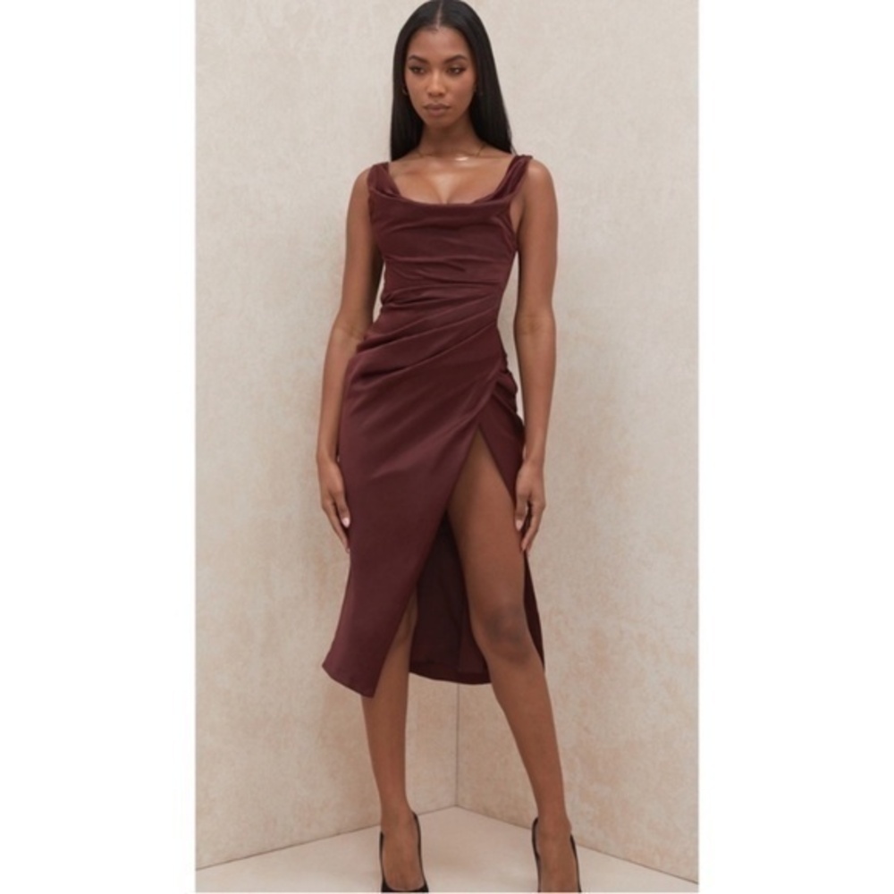 House of CB Rhoda Off The Shoulder Corset Dress Wine Satin